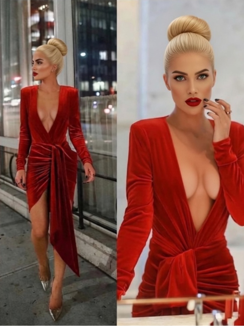 HOUSE OF CB 'Farrah' Red Velvet Gathered Deep V Mini Dress/Size S-US 4-6 $195